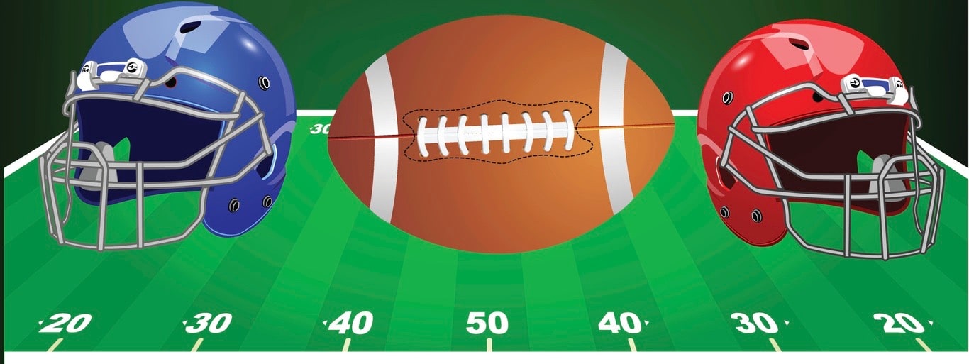 Vector illustration. Set of sport equipment. American football. Helmets and ball.