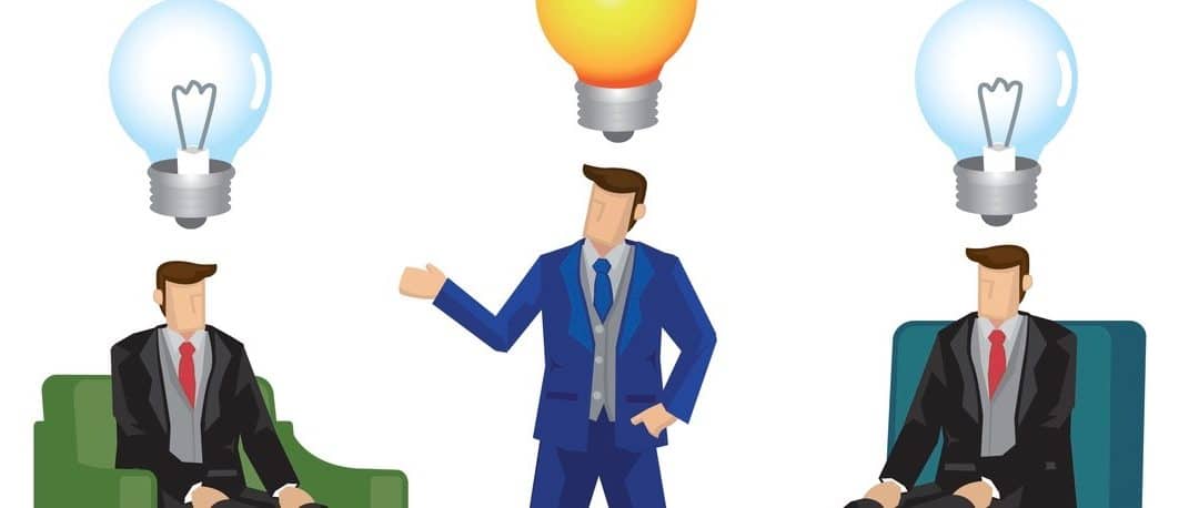 Showing three businessman. The one with the idea explaining his concept to the other two. Showing the important and advantage in the corporate world. Vector business illustration. (Showing three businessman. The one with the idea explaining his concep