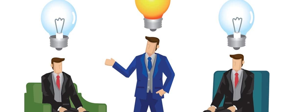 Showing three businessman. The one with the idea explaining his concept to the other two. Showing the important and advantage in the corporate world. Vector business illustration. (Showing three businessman. The one with the idea explaining his concep