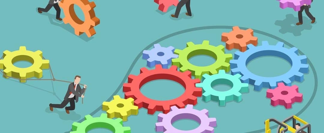 Crowdsourcing flat isometric vector concept. Team of people are filling the light bulb outline with gears of different sizes and colors, symbolizing their contribution into common solution. (Crowdsourcing flat isometric vector concept. Team of people