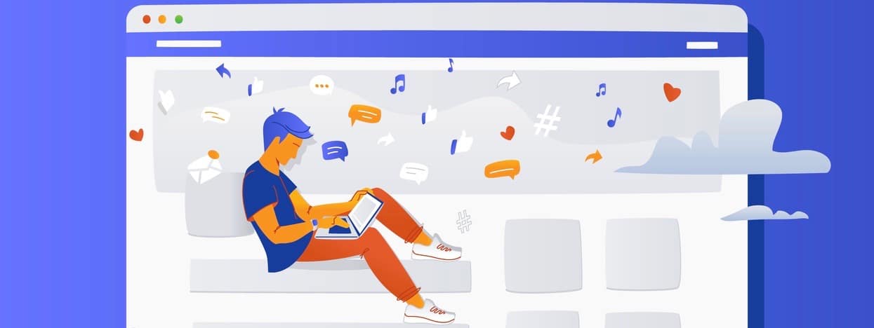 Social media webpage concept vector gradient illustration of young man sitting in the page