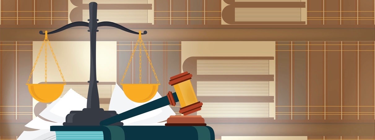 Law books with a judge's gavel on a table and book shelves on background, judicial and law system Conceptual Vector illustration. (Law books with a judge's gavel on a table and book shelves on background, judicial and law system Conceptual Vector illu