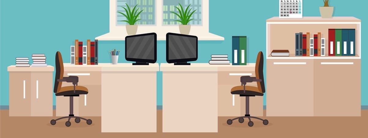 Office room interior including two work spaces with cityscape outside window. Workplace organization in business office. Flat style vector illustration. (Office room interior including two work spaces with cityscape outside window. Workplace organizat