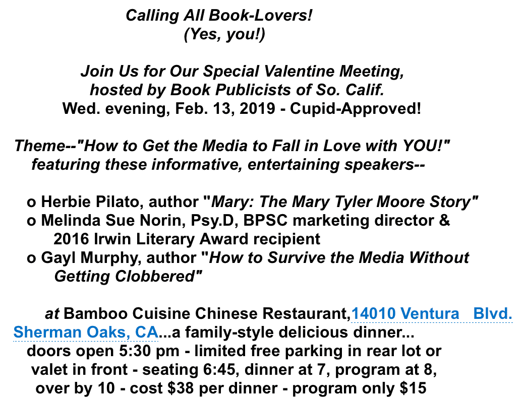 Next Book Publishers of So. Cal. Meeting Scheduled for Feb. 13 (Note New Location)
