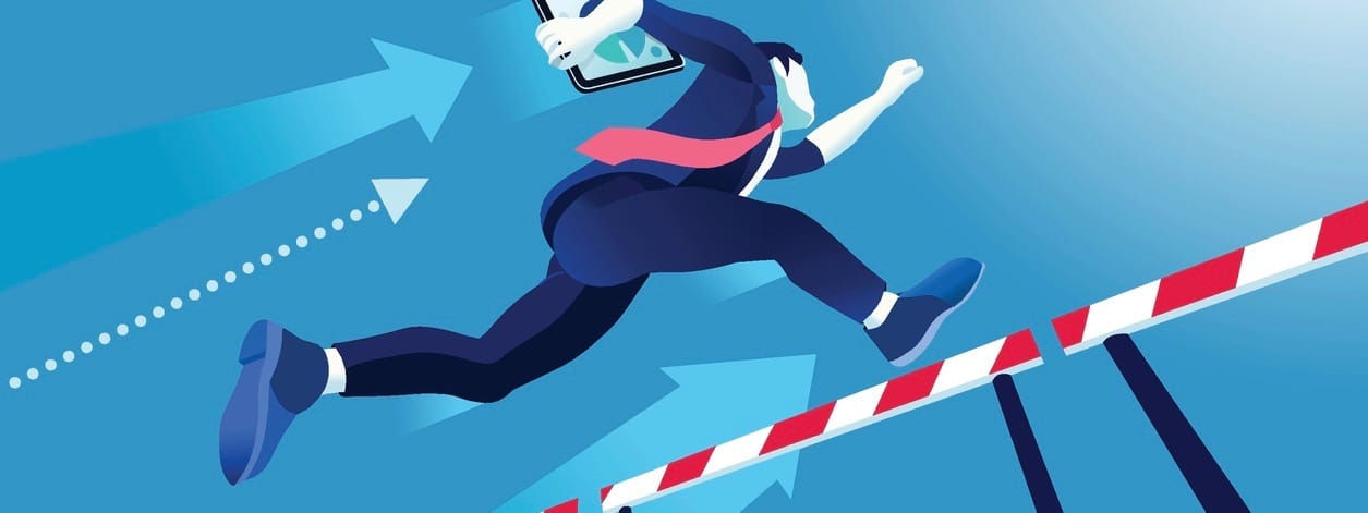 Business man jumping over obstacles a manager race concept. Overcome obstacles concept. Man jumping over obstacles like hurdle race. Business vector illustration.