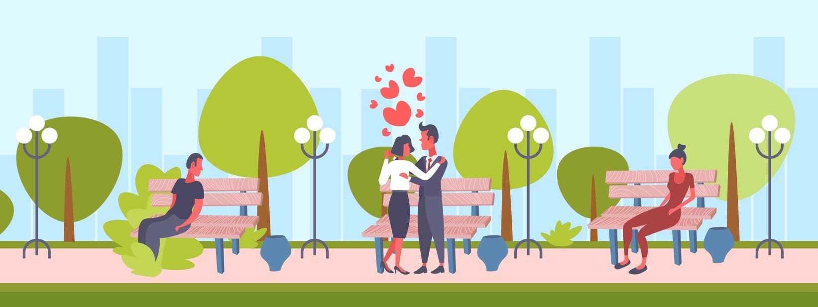 elegant couple dancing city urban park happy valentines day concept man woman lovers cityscape background male female cartoon characters full length flat horizontal vector illustration (elegant couple dancing city urban park happy valentines day conce