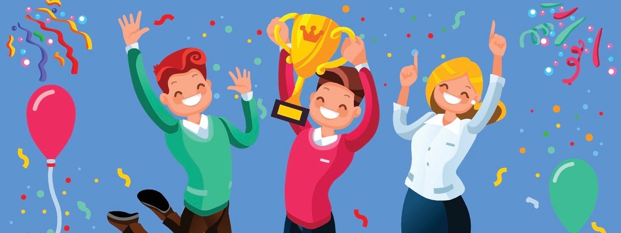 Win achievement. Happy company employee awarding a trophy prize to their leader. Business vector illustration.
