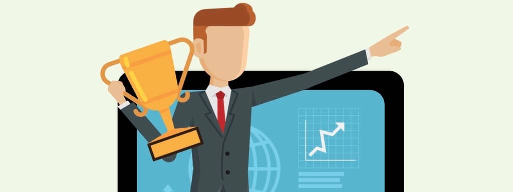 Businessman holding award running inside computer for successful. concepts vector illustration