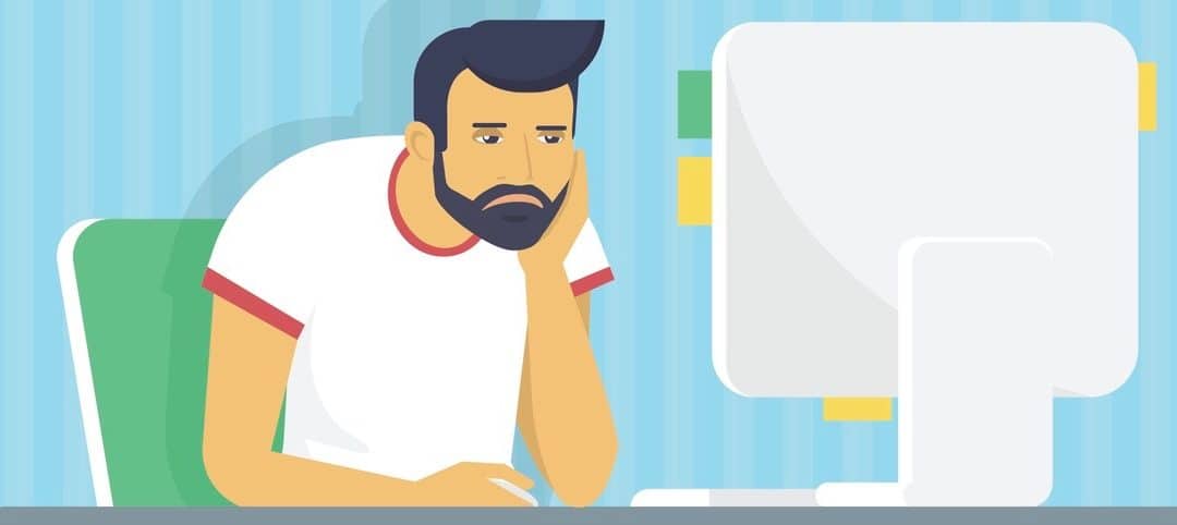 Tired and bored man is working with computer. Flat fun illustration of tired student studying or working using pc at home desk. Young man reading email or coding a website at his desktop he sleeping