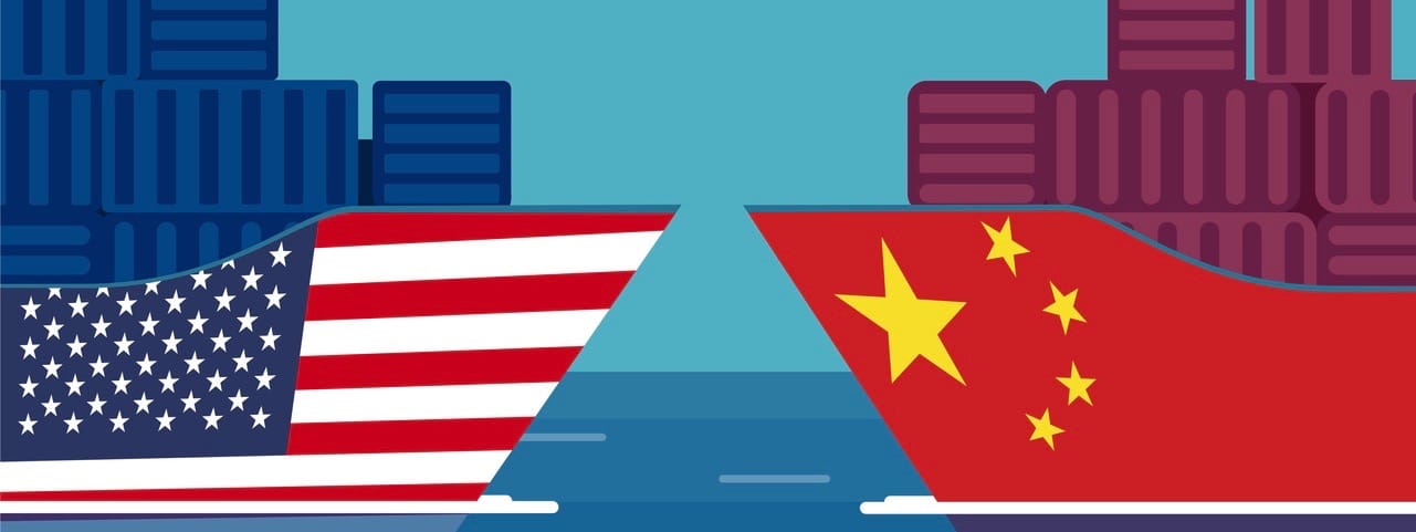 China and United States trade war concept. Vector of two cargo ships. Taxation of import and exports