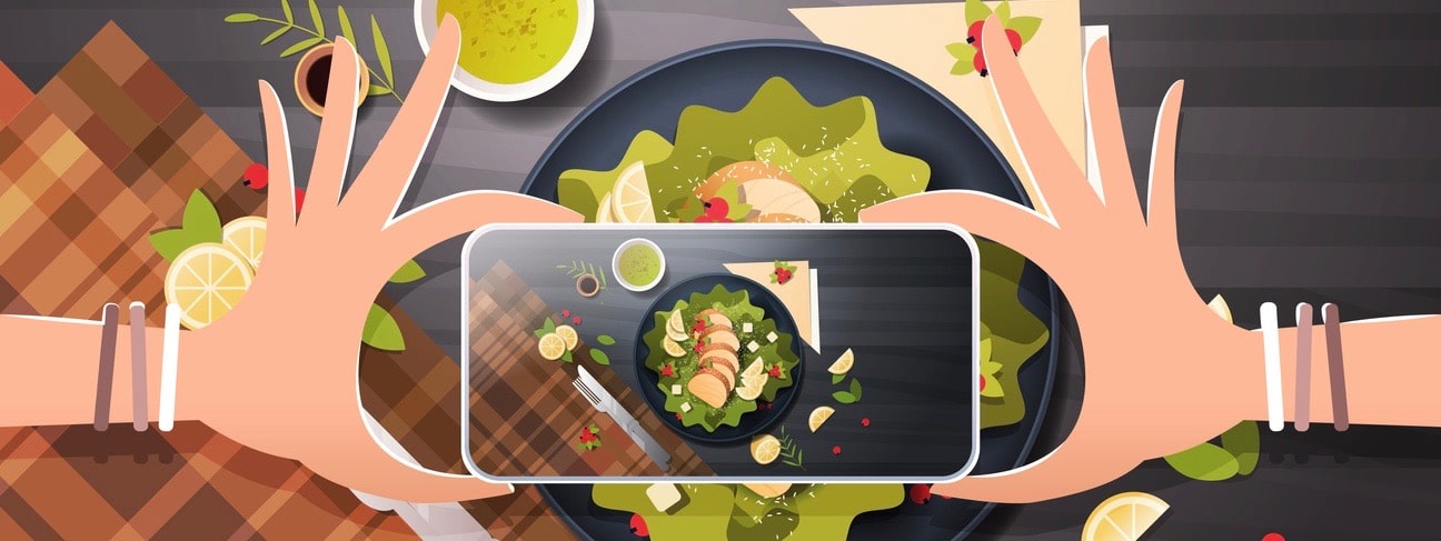 food blogger taking mobile photo of fresh vegetable salad with chicken and sauce in black bowl top angle view smartphone screen social network activity concept horizontal vector illustration (food blogger taking mobile photo of fresh vegetable salad w