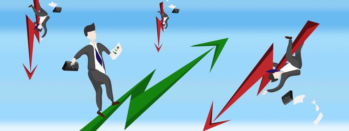 Businessmen are happy with the stock. Green arrow With the other side of the businessmen who are stressed and the stock falls, with an arrow pointing down in red. Illustrations - vector (Businessmen are happy with the stock. Green arrow With the other