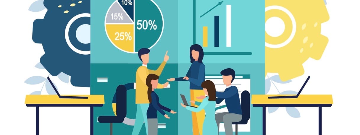 Work in the office. Men and women take part in business meetings, negotiations, brainstorming sessions, talk with each other. Colorful vector illustration in flat cartoon style. (Work in the office. Men and women take part in business meetings, negoti