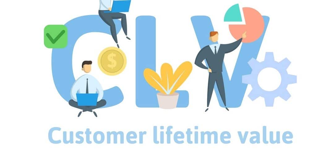 CLV, customer lifetime value. Concept with keywords, letters and icons. Colored flat vector illustration on white background. (CLV, customer lifetime value. Concept with keywords, letters and icons. Colored flat vector illustration on white background