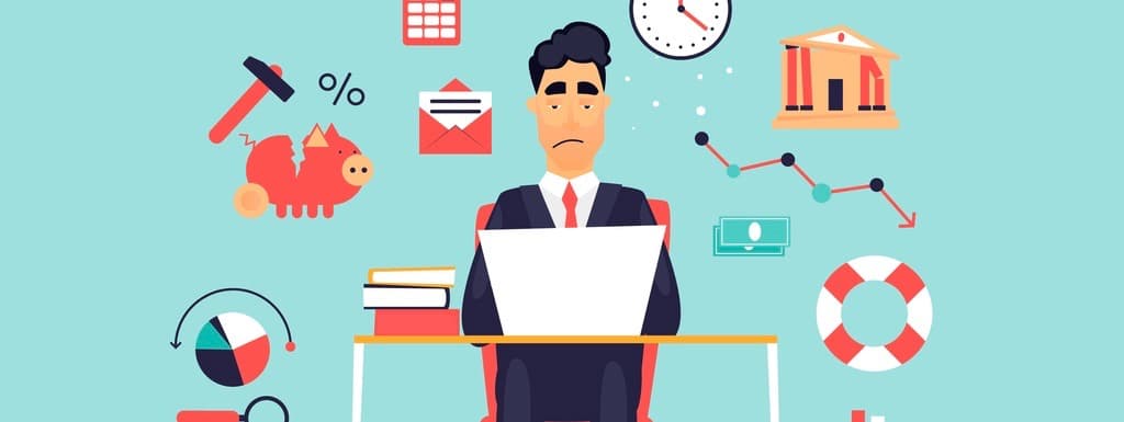 Crisis, frustrated businessman working at computer, icon set. Flat design vector illustration.