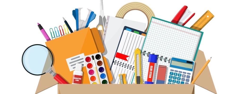 Office accessories in cardboard box. Book, notebook, ruler, knife, folder, pencil, pen, calculator scissors paint tape file. Office supply stationery and education. Vector illustration flat style (Office accessories in cardboard box. Book, notebook, r
