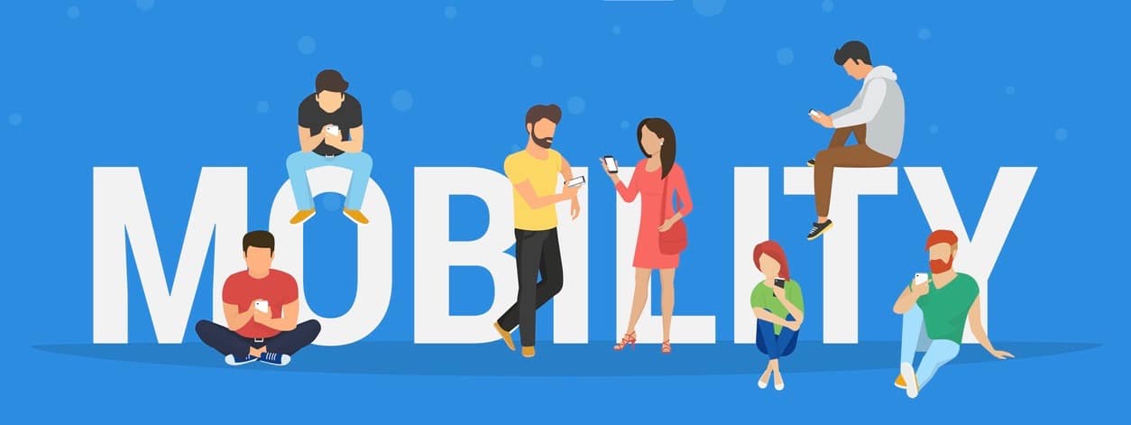 Mobility concept vector illustration of young people using mobile smartphones and apps for mobile services, social networks and ecommerce. Flat design of guys and women standing near big letters (Mobility concept vector illustration of young people us