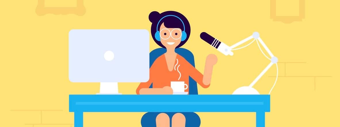 Podcast radio, broadcasting girl character illustration. Studio table with microphone and laptop with broadcast girl. Webcast audio record concept illustration. (Podcast radio, broadcasting girl character illustration. Studio table with microphone and