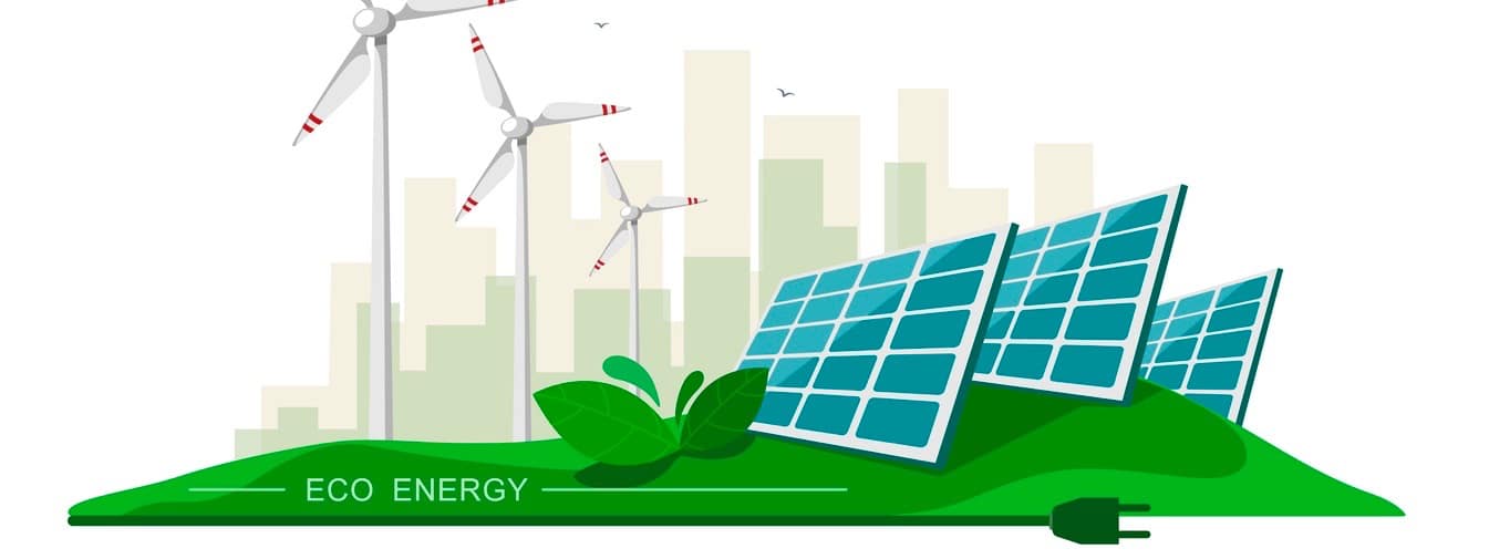 Vector illustration of clean electric energy from renewable sources sun and wind on white. Power plant station buildings with solar panels and wind turbines on city skyline urban landscape.Eco energy