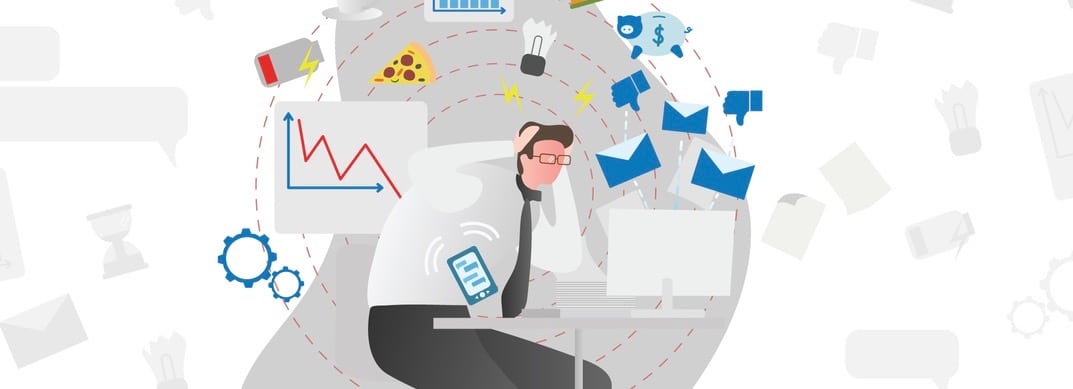 Stress causes vector illustration. Busy men in office with documents and computer stressing about low battery, deadlines, money, junk food, charts and indicators. Modern society problem in work or job (Stress causes vector illustration. Busy men in of