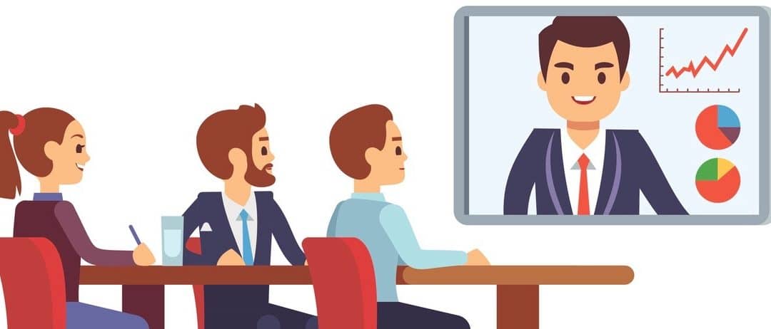 Video meeting in office boardroom with ceo and employees. Business teamwork and digital online communication vector concept. Business video conference office illustration