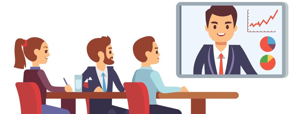 Video meeting in office boardroom with ceo and employees. Business teamwork and digital online communication vector concept. Business video conference office illustration