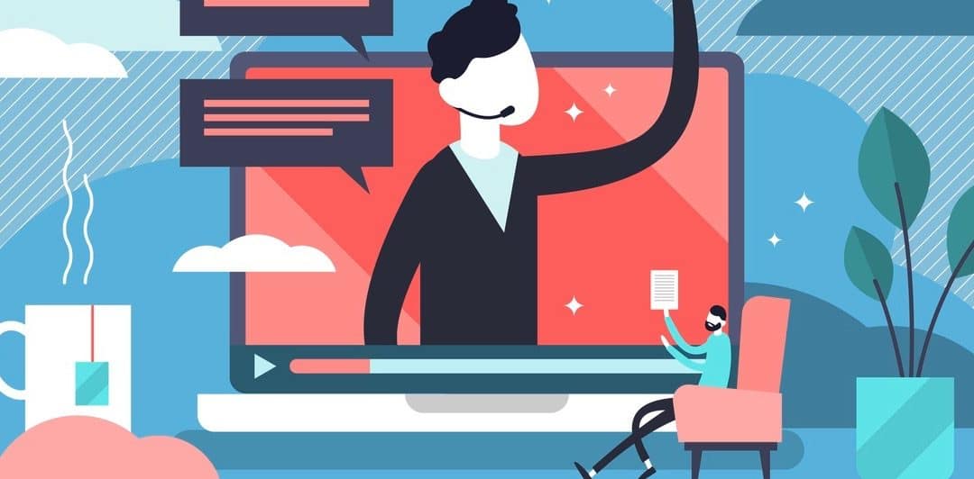 Webinar vector illustration. Flat tiny marketing video tool persons concept. Distance communication business management. Conference strategy to attract client. Questions and answers study or training. (Webinar vector illustration. Flat tiny marketing