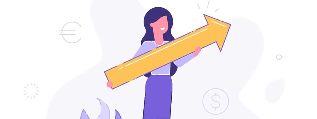 Business woman holding arrow pointing right up indicating success. Flat vector illustration.