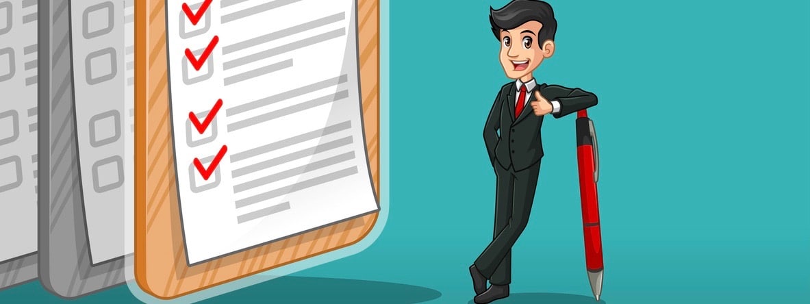 Businessman in black suit cartoon character design leaning a pen with completed checklists on paper, against tosca background.
