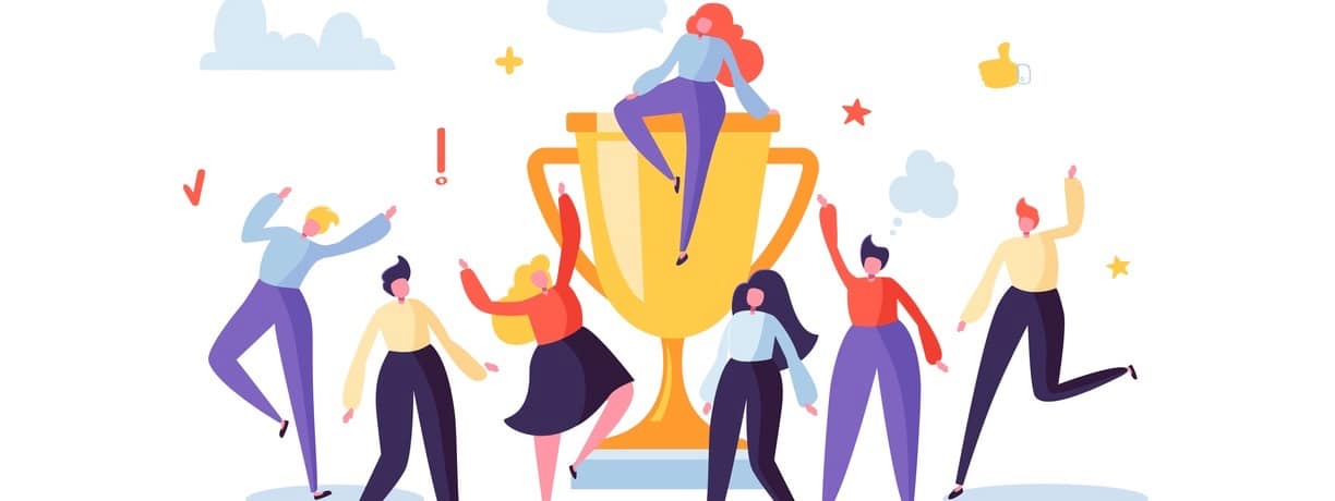 Business Team Success, Achievement Concept. Flat People Characters with Prize, Golden Cup. Office Workers Celebrating with Big Trophy. Vector illustration (Business Team Success, Achievement Concept. Flat People Characters with Prize, Golden Cup. Offi