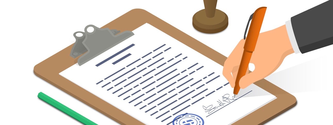 Hand signing document on clipboard accompanied by pencil and stamp. Isometric vector illustration