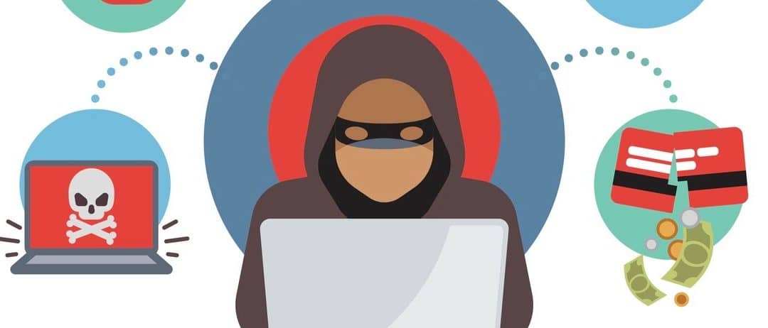 Online security and protection, criminal hacker spies in internet. Online money thief vector concept. Hacker with laptop illustration
