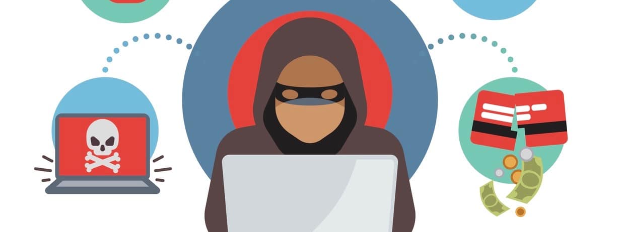 Online security and protection, criminal hacker spies in internet. Online money thief vector concept. Hacker with laptop illustration