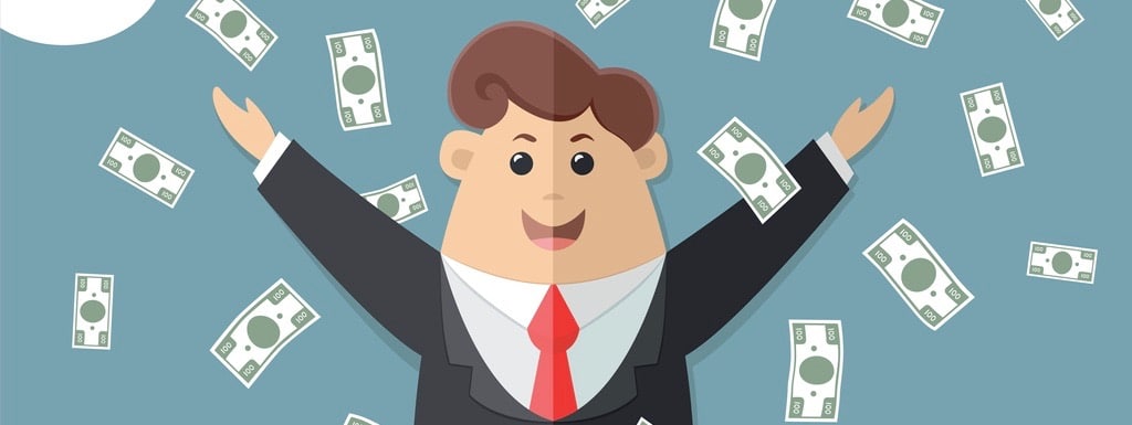 Man in a suit with a red tie getting a lot of money. boss, office worker, manager, banker, businessman. Flat vector icon, illustration (Man in a suit with a red tie getting a lot of money. boss, office worker, manager, banker, businessman. Flat vect