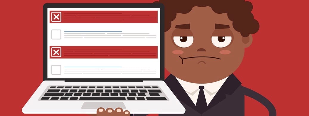 Angry upset African American businessman office worker man character hold laptop with checkboxes. Vector flat cartoon illustration