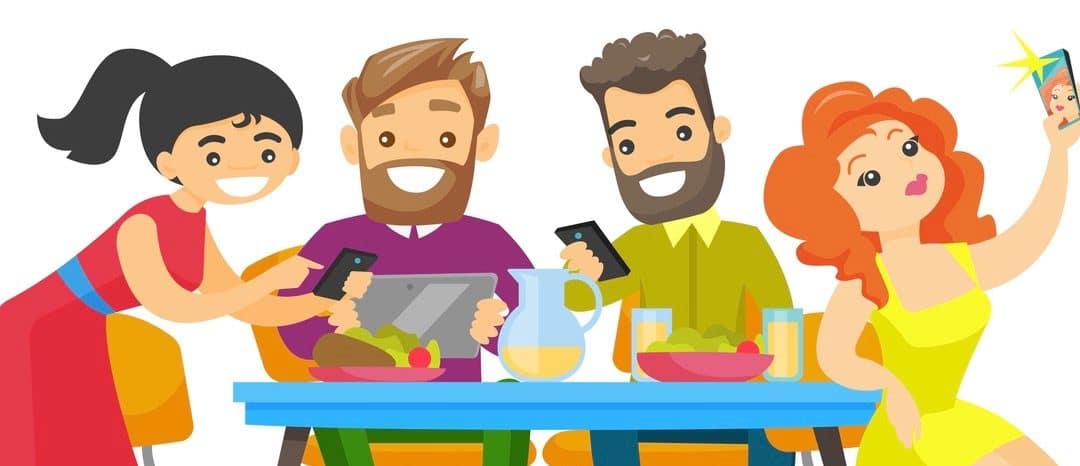 Caucasian white group of young friends sitting together at the table with smartphones and tablet computer. Friends with electronic gadgets hanging out together. Vector isolated cartoon illustration. (Caucasian white group of young friends sitting toge