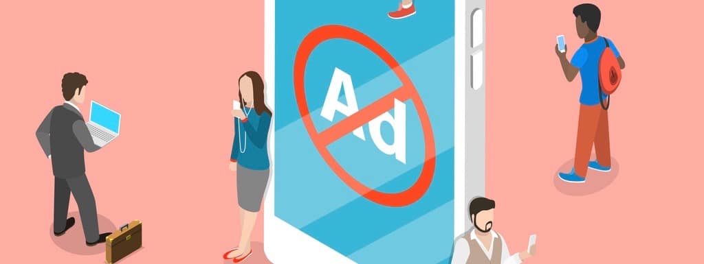 Ad blocking flat isometric vector concept. People surrounded a smartphone with sign of blocked advertisment. (Ad blocking flat isometric vector concept. People surrounded a smartphone with sign of blocked advertisment., ASCII, 110 components, 110 byte