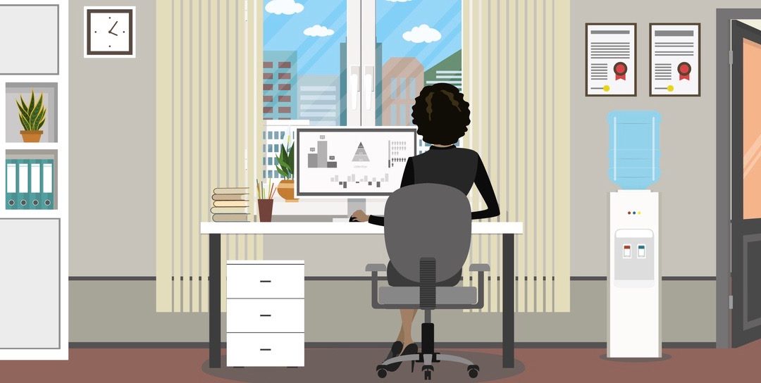Office room with window,open door and modern furniture, female on workplace back view, flat vector illustration (Office room with window,open door and modern furniture, female on workplace back view, flat vector illustration, ASCII, 112 components, 11
