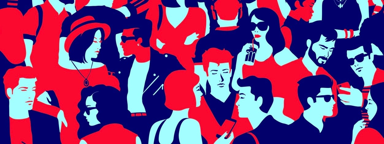 Stylized silhouette of crowd of people, casual mixed group of young adults hanging out, chatting or drinking gathered for nightlife event, simple minimal pop art style flat design vector illustration