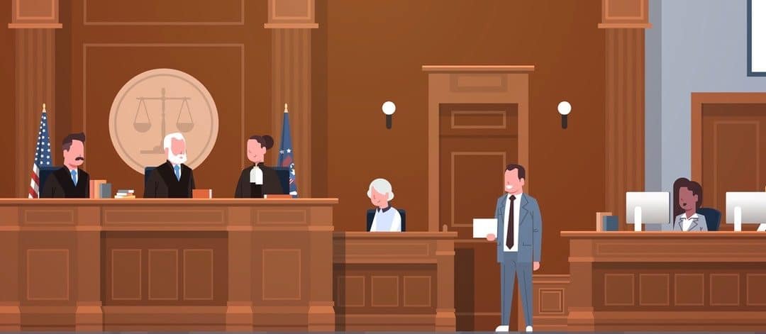 law process with judge secretary suspect and lawyer or attorney giving a speech court session modern courtroom interior full length horizontal vector illustration (law process with judge secretary suspect and lawyer or attorney giving a speech court s