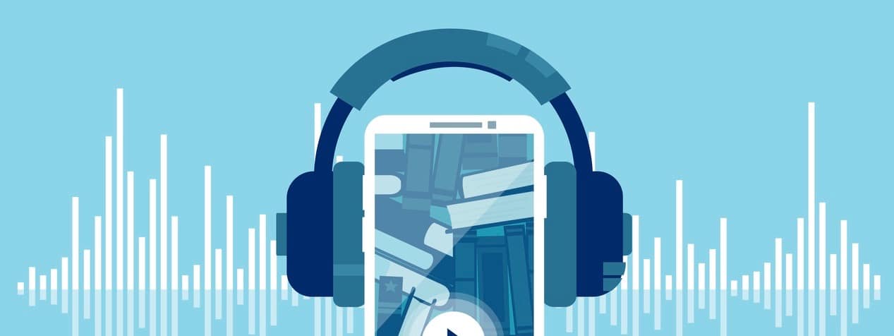 Blue flat design of books with headphones and mobile phone for concept of audio books