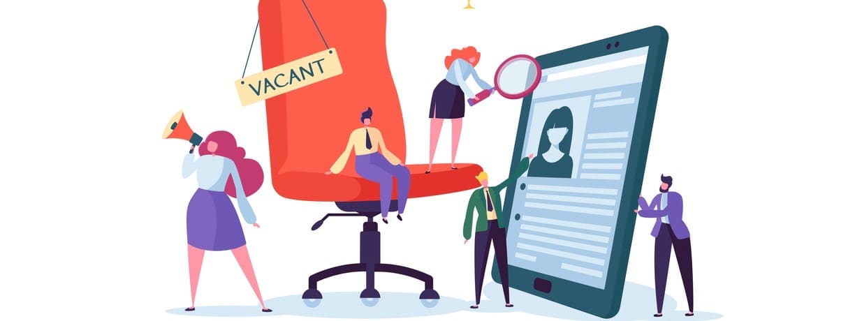 Business People Hiring New Staff. Office chair with vacancy sign. Head Hunters. Flat Characters are Examining a Resume. Recruitment Agency. Vector illustration (Business People Hiring New Staff. Office chair with vacancy sign. Head Hunters. Flat Chara