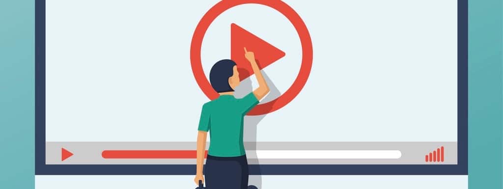 Video tutorial concept. Businesswoman presses play button. Vector illustration flat design. Isolated on background. E-learning, video stream. Social media. (Video tutorial concept. Businesswoman presses play button. Vector illustration flat design. Is