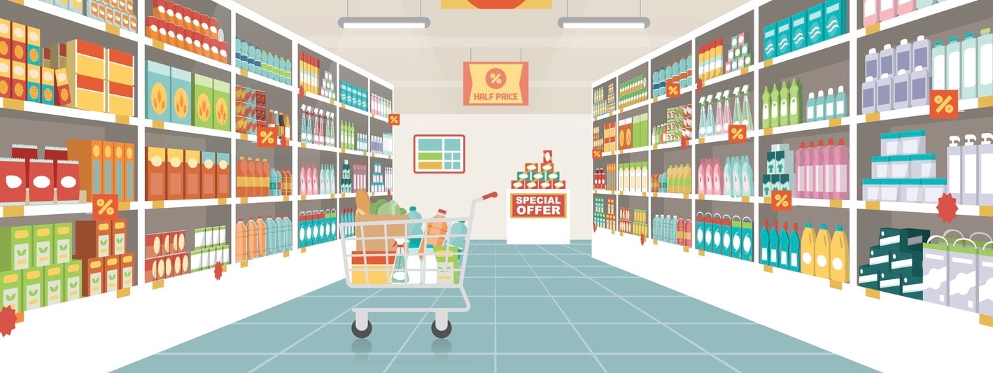 Supermarket aisle with shelves, grocery items and full shopping cart, retail and consumerism concept
