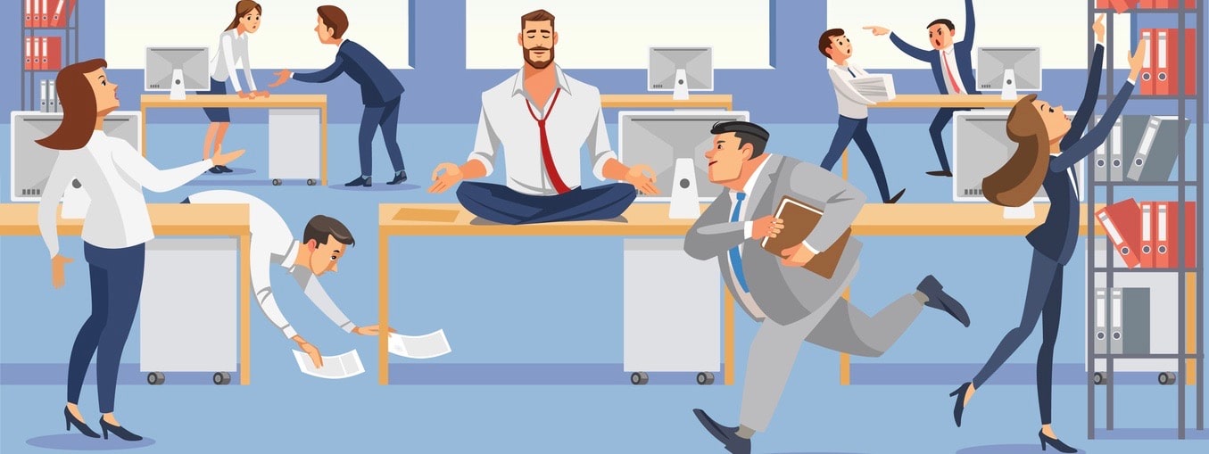 Business man sitting on table and ceep calm in meditation relax. Office workers stressing and hurry up with deadline. Fun cartoon characters. Vector illuctration of job situation in office interior.