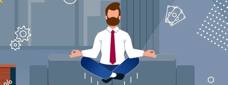 Worker in Suit Doing Yoga Trying to Keep Calm and to Reach Success and Earn Salary Banner Vector Illustration. Cartoon Character in Spiritual Zen Balance or Lotos Position. Flying Money from Computer. (Worker in Suit Doing Yoga Trying to Keep Calm and