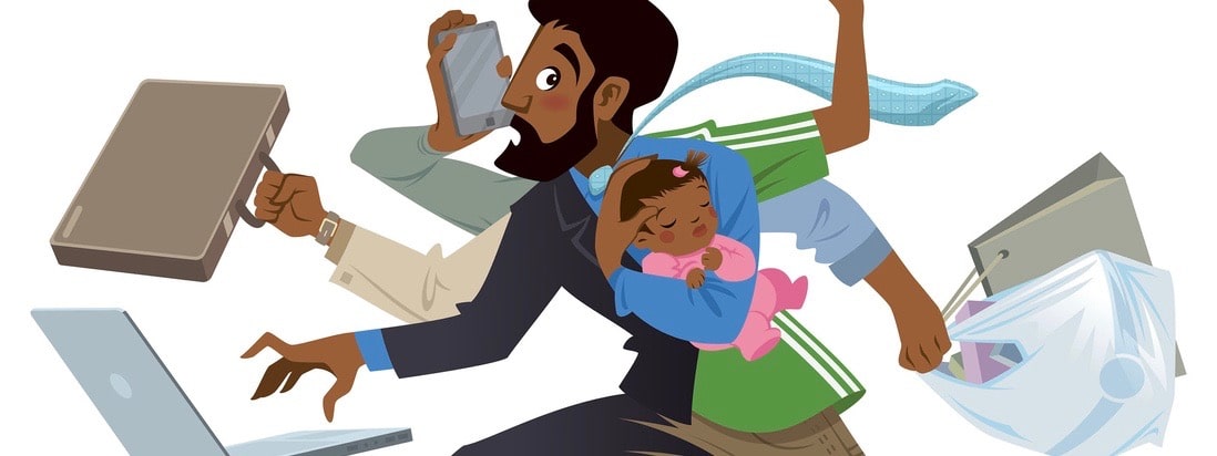 Cartoon super busy black man and father multitask doing many works running to the office shopping playing basketball working and talking on the phone while his baby girl sleeping (Cartoon super busy black man and father multitask doing many works runn