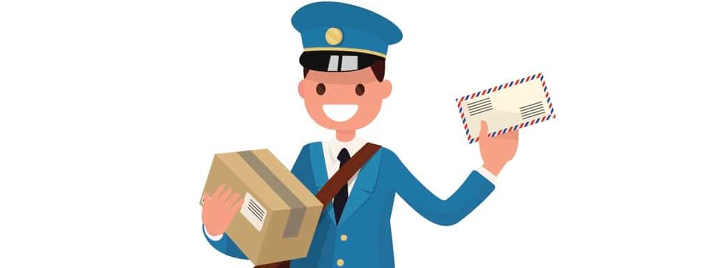 Cheerful postman with parcels and letter. Vector illustration of a flat design