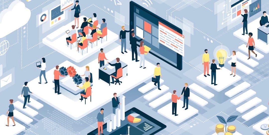Isometric virtual office with business people working together and mobile devices: business management, online communication and finance concept (Isometric virtual office with business people working together and mobile devices: business management, o