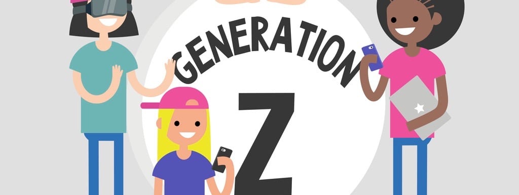 A group of millennial friends gathering around big "Generation z" sign. Gadgets. Modern lifestyle. Flat editable vector illustration, clip art (A group of millennial friends gathering around big "Generation z" sign. Gadgets. Modern lifestyle. Flat edi